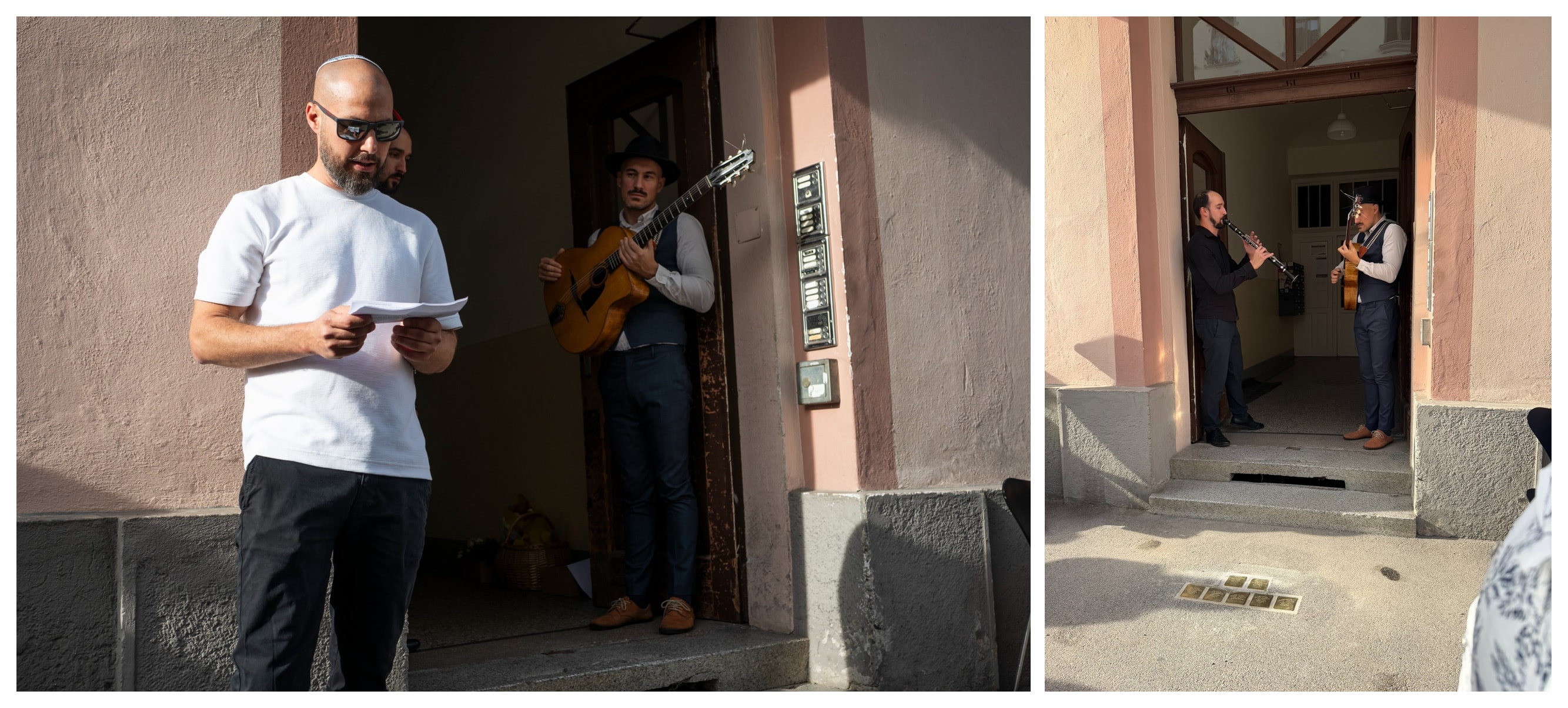 Musicians performing at the Stumbling Stones ceremony