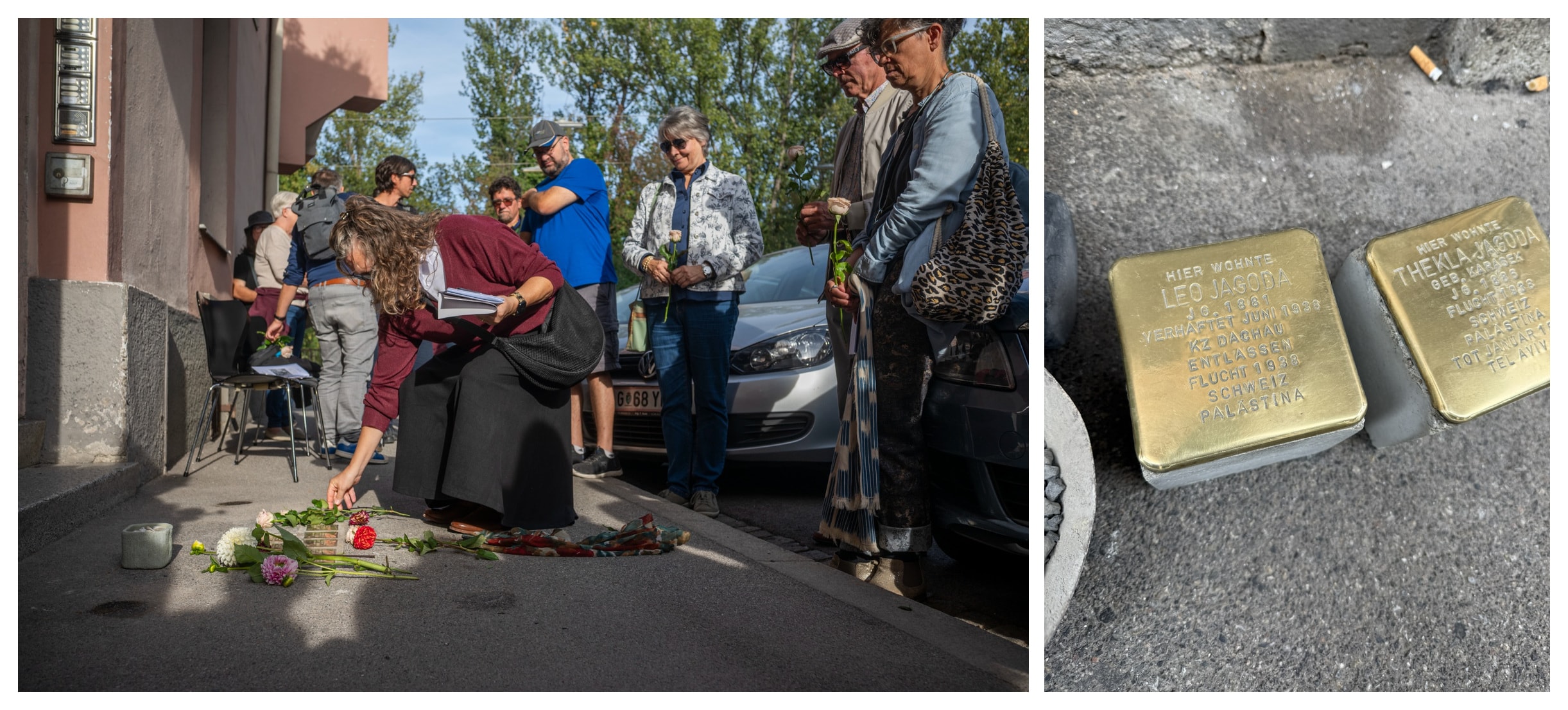 Family laying flowers beside the Stumbling Stones