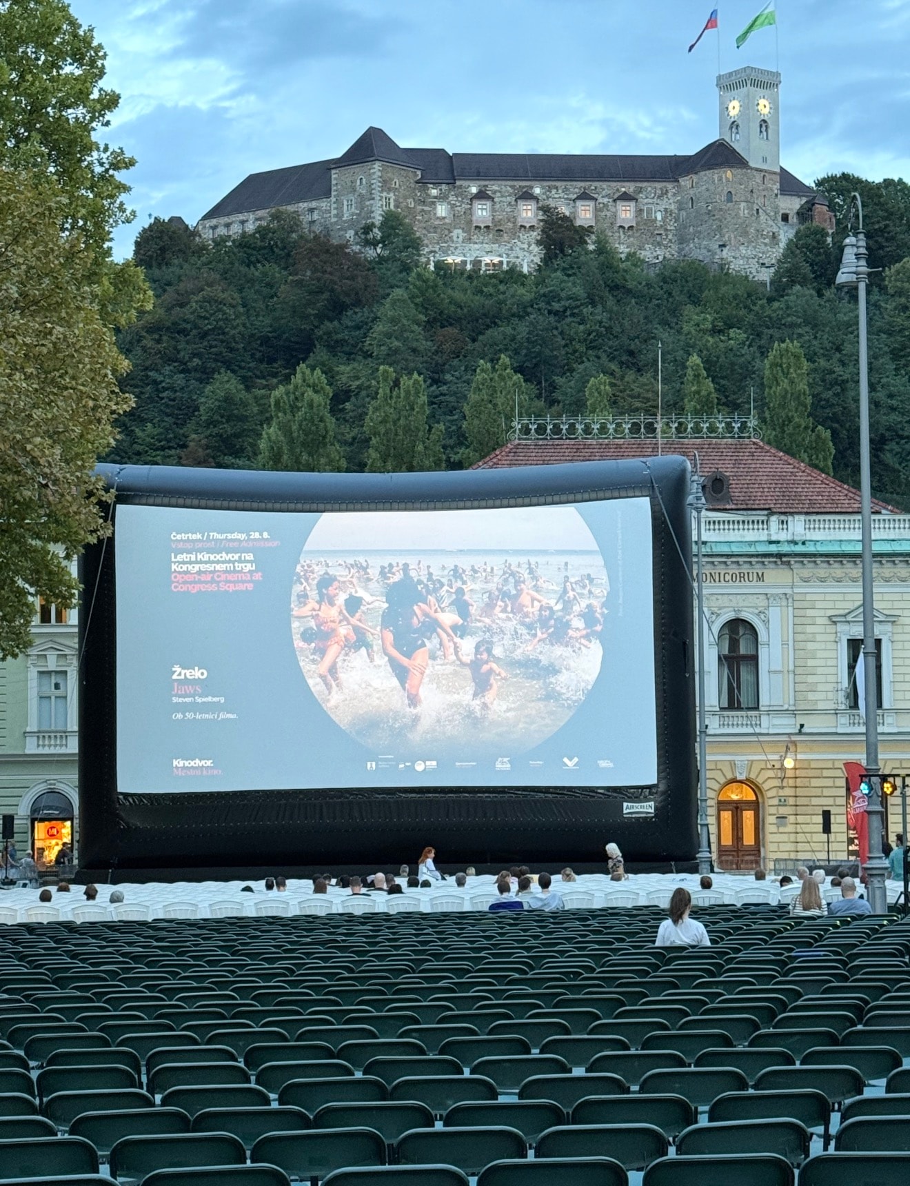 Outdoor Jaws screening beneath Ljubljana Castle in Slovenia