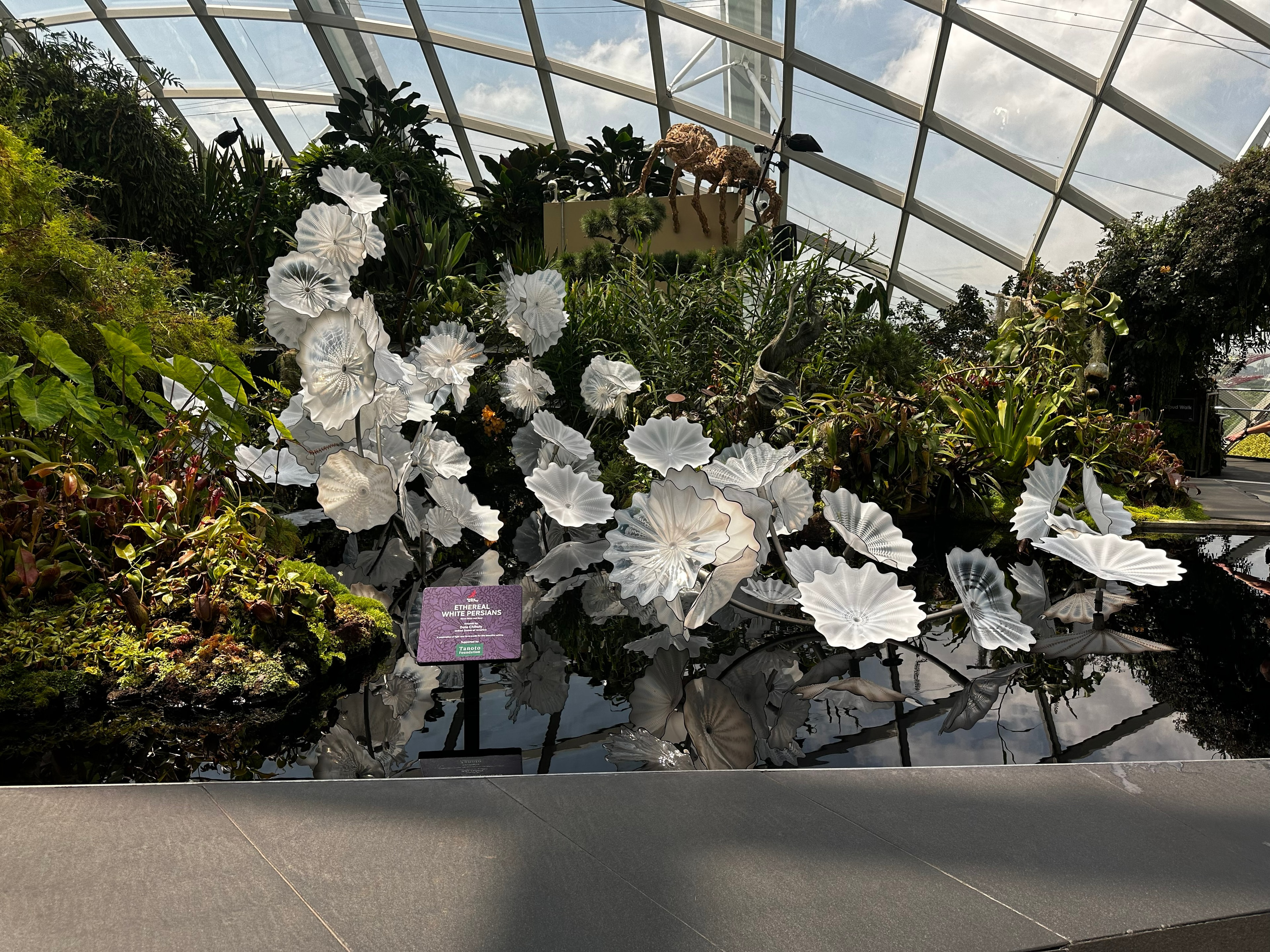 White sculptural flowers in a lush indoor botanical garden